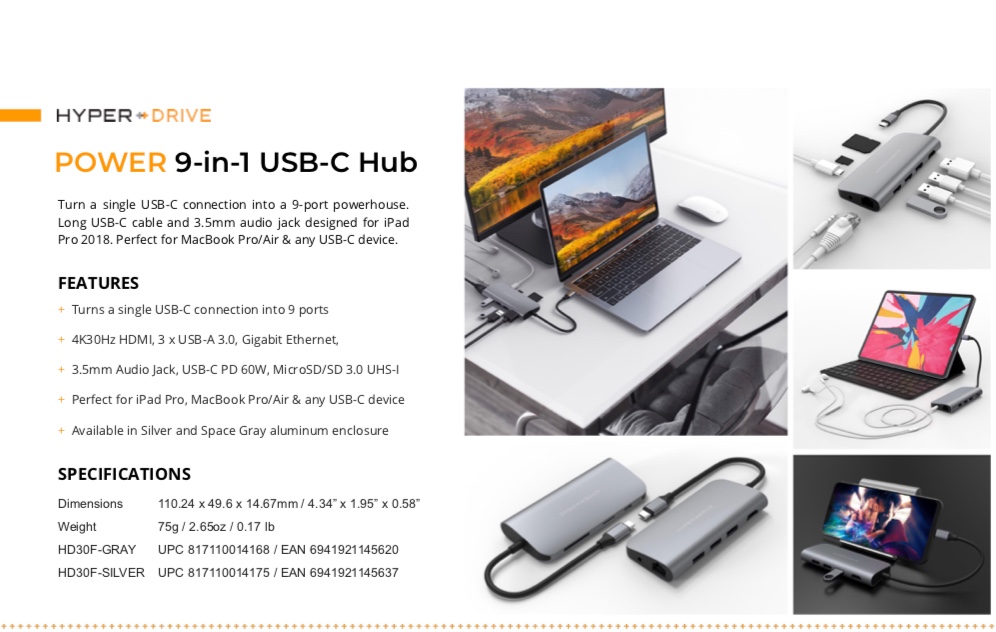 Hub USB-C HyperDrive Power 9-IN-1 - HD30F