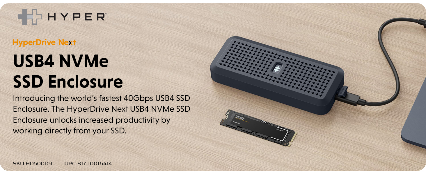 HyperDrive Next Portable 40Gbps USB4 M.2 NVMe SSD Enclosure với M.2 NVMe SSD lên đến 4TB cho PS5, Windows 10, macOS 12.4 trở lên, Chống nước/bụi, Phù hợp với vỏ SSD M.2 2230/2240/2260/2280mm