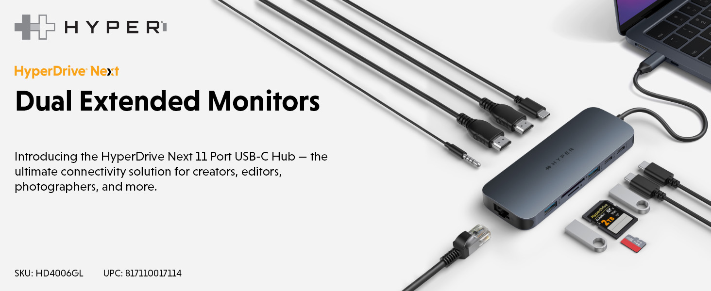 HyperDrive Next 11 Port USB C Hub for Mac, PC, and Chromebook w/ 2 4K60Hz HDMI, 2 USB-A, 2 USB C Hub 10Gbps, USB-C 10Gbps 140W Power Delivery, SD & microSD Card Reader, Ethernet, 3.5mm Audio Ports
