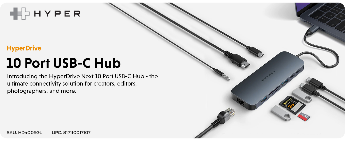 HyperDrive Next 10 Port USB C Hub for Mac, PC, and Chromebook with 4K60Hz HDMI, 2 USB-A, USB C Hub 10Gbps, USB-C 10Gbps 140W Power Delivery, SD & microSD Card Reader, Ethernet, 3.5mm Audio Ports