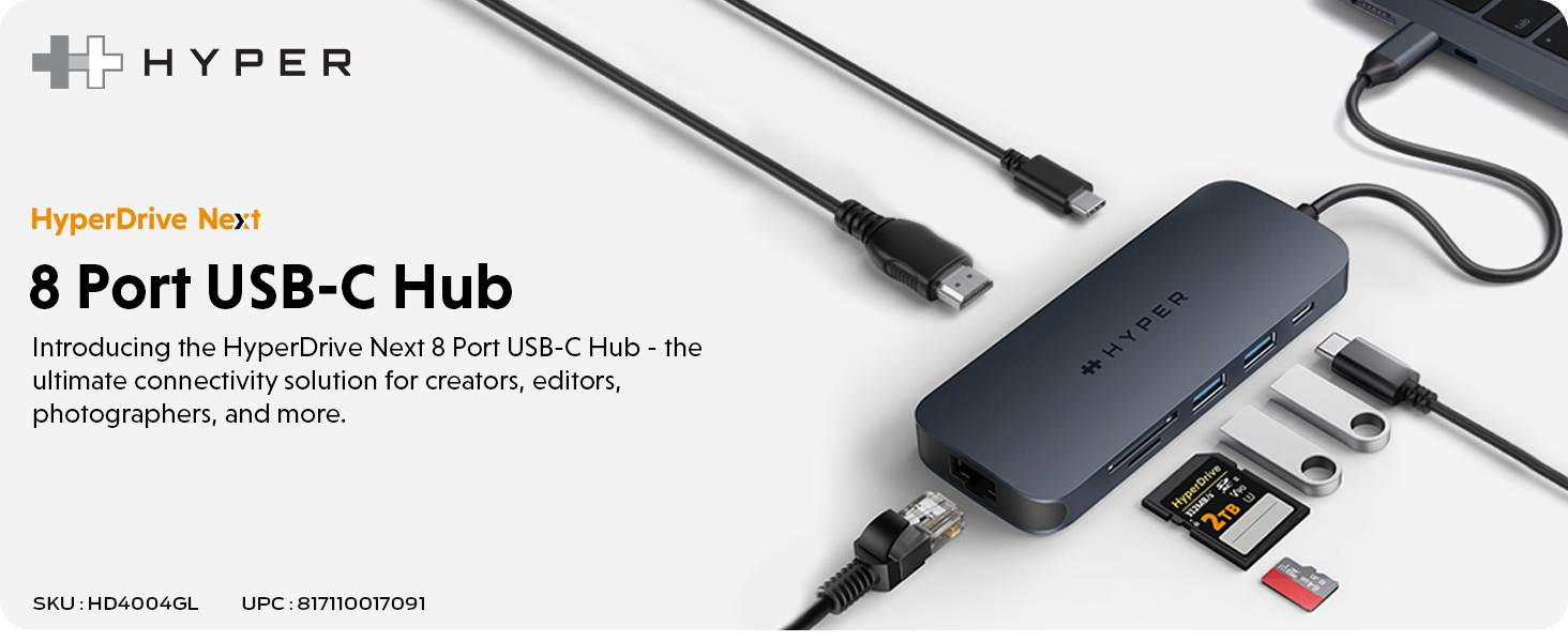 HyperDrive Next 8 Port USB C Hub for Mac, PC, and Chromebook with 4K60Hz HDMI, 2 USB-A, USB C Hub 10Gbps, USB-C 10Gbps 140W Power Delivery, SD & microSD Card Reader, Ethernet Ports
